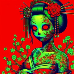 Retro style zombie geisha cartoon image