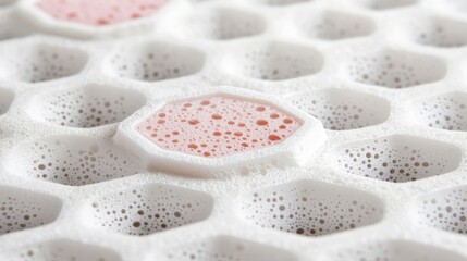 A close-up view of a white honeycomb-like structure with a pink substance embedded in it.