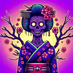 Retro style zombie geisha cartoon image