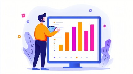 Professional presenting data analysis, young man in casual attire explaining colorful bar graphs on digital screen with engagement.