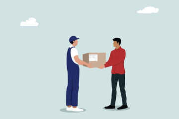 Delivery man with photocopy room delivers goods, hands holding cardboard box received by customer. Courier delivers package to customer who ordered.