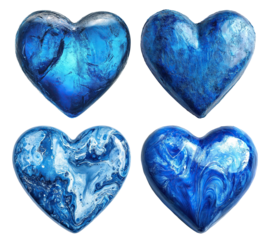 Set of shiny blue hearts with abstract textures, isolated on transparent cutout background