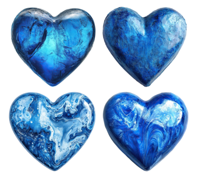 Set of shiny blue hearts with abstract textures, isolated on transparent cutout background - Powered by Adobe