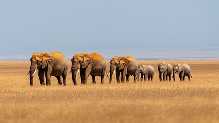 Fototapeta premium Elephants walking across grassland, majestic adult elephants moving together in a serene natural setting, perfect for nature themes.