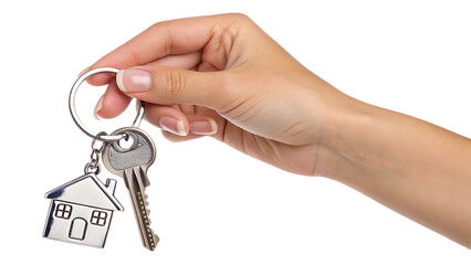  hand holding house keys with key chain on white background PNG