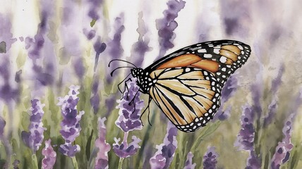 Fototapeta premium Soft watercolor artwork of a monarch butterfly on a lavender sprig, delicate muted tones for a serene springtime feel