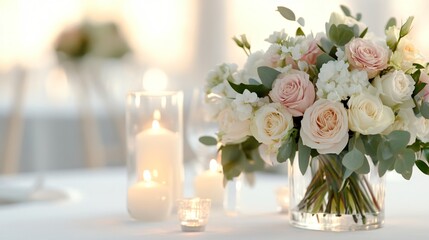 Obraz premium Elegant wedding table arrangement, soft pastel flowers in a stylish vase, romantic ambiance with soft lighting and decor.