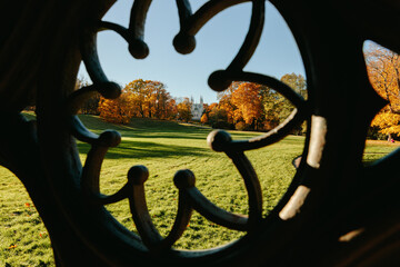 View of the autumn trees through the Gothic ornament of the ancient well, the Gothic church in the park. Autumn in a public park