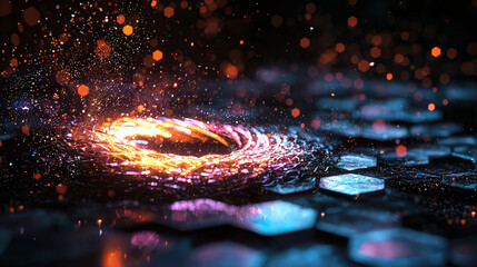 glowing energy vortex surrounded by hexagonal patterns and vibrant particles, creating futuristic and dynamic atmosphere