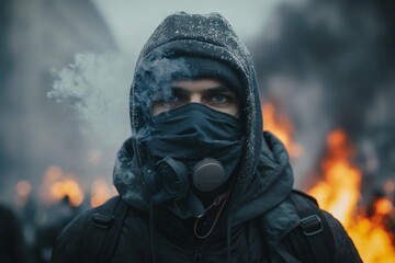A young Caucasian male protester wearing a hood and mask amidst a tumultuous backdrop of flames and smoke.