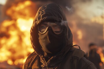 A mysterious young man, wearing a black hood and goggles, stands in front of a fiery background, exuding an intense and resilient aura.