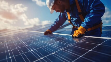 A Solar Panel Technician Installs Photovoltaic Cells On The Rooftop