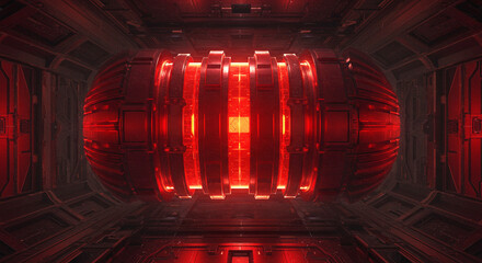 Glowing futuristic reactor core in dim, metallic chamber