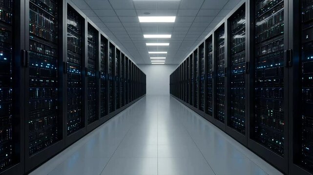 Centro de Grandes datos con filas de servidores de supercomputadoras iluminados por luces brillantes e indicadores. Entrenamiento de IA.  Inteligencia artificial, aprendizaje autom&aacute;tico.