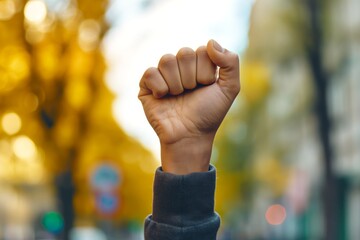 A raised fist symbolizing resilience and solidarity, set against a backdrop of vibrant autumn colors.