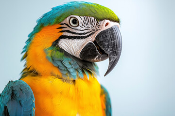 An expressive colorful parrot captured in the studio, showcasing its vibrant plumage against a clean white backdrop.