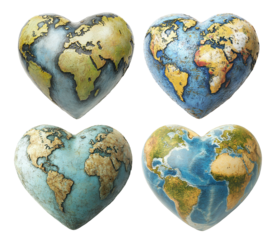 Set of heart-shaped globes with world map design, isolated on transparent cutout background