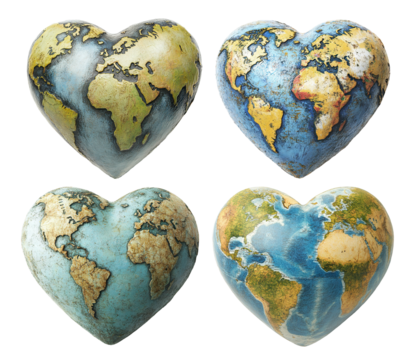 Set of heart-shaped globes with world map design, isolated on transparent cutout background