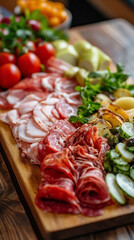 Gourmet cold cuts and sausages with vegetables on a wooden cutting board.