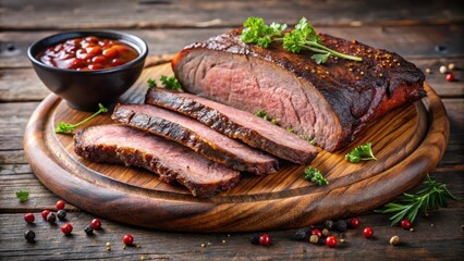 Sliced savory roast, seasoned and cooked to perfection, rests on a rustic wooden board with a side of tangy red sauce, garnished with fresh herbs and peppercorns.