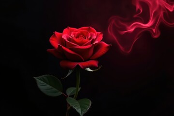 Crimson smoke swirls envelop a single red rose, black backdrop, art, mystery