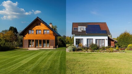 Obraz premium Before-and-after comparison of a house showing energy usage difference pre- and post-insulation, illustrating improved efficiency, cost savings, and enhanced thermal comfort. 
