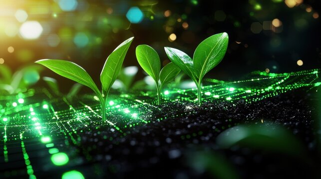 Green Sprouts Growing from a Circuit Board, Symbolizing Technology and Environmental Harmony, Future of Sustainable Tech, Eco-Friendly