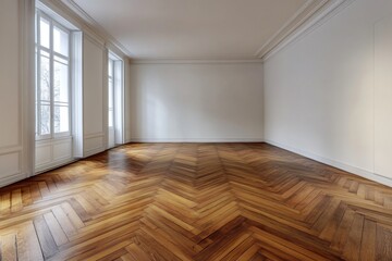 Empty, spacious room with beautiful herringbone parquet floor