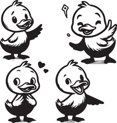 silhouette set of outline of cartonic duck,cartoon duck silhouette vector, black and white duck illustration, duck outline drawing set, duck poses clipart, wild duck silhouette vector, hand-drawn duck