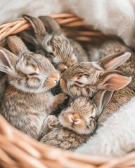 Adorable rabbits cuddling together in a cozy basket. Pet & Animal Bonding