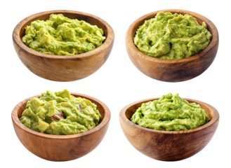 Set of delicious guacamole bowls with fresh ingredients, isolated on transparent cutout background
