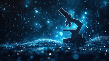 Naklejka premium Silhouetted microscope on glittering blue background