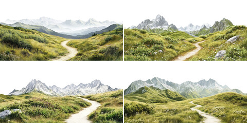 Set of scenic mountain landscapes with winding trails, isolated on transparent cutout background