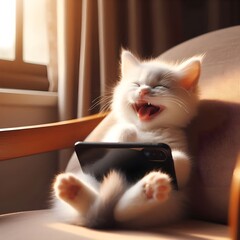 a cat is laughing holding a cell phone