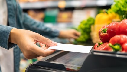 a person's hand scanning a grocery item, with various fresh produce around