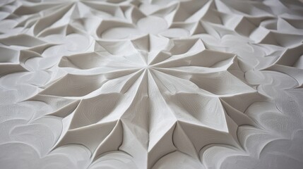 A white sculpture of a flower with petals and leaves.