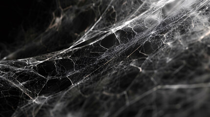 Real creepy spider webs on black banner