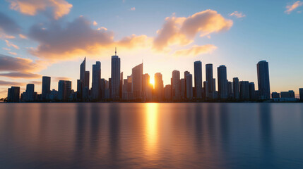 Fototapeta premium Captivating Sunset Over Urban Skyline with Reflections on Calm Water Surface