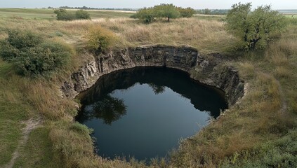 Fototapeta na wymiar Natural sinkhole with a still, dark pool. A circular depression in the earth, surrounded by grassland and low bushes. The water reflects the surrounding landscape