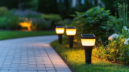 sustainable products renewable brand, Pathway lined with illuminated solar lights amidst lush greenery at dusk.