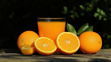 A glass of orange juice sits on a wooden table, surrounded by oranges and leaves.
