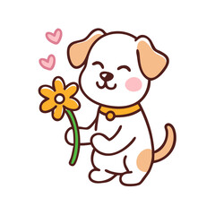 Fototapeta premium Cute puppy holding a flower with heart icons