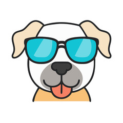 Naklejka premium Dog with blue sunglasses smiling happily
