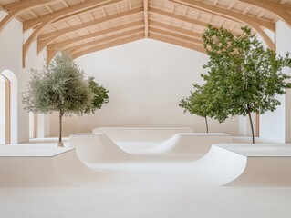 Modern indoor skatepark featuring smooth white ramps and greenery