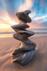 Unique rock formation at sunset on beach