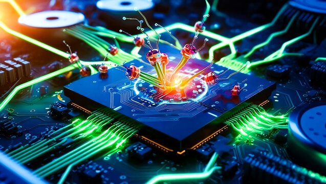 A microscopic view of a self-healing computer system. Nanobots repair a damaged section of the interconnected network while the rest functions seamlessly