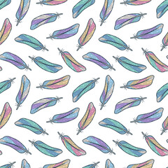 Cute colored doodle feathers seamless background. Hand drawn vector seamless pattern