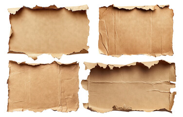Set of torn brown cardboard paper pieces with rough edges, isolated on transparent cutout background