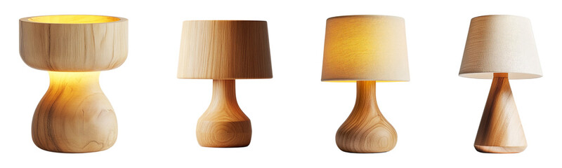 A set of various rustic wooden table lamps in PNG format, isolated with a transparent background, cut out, png