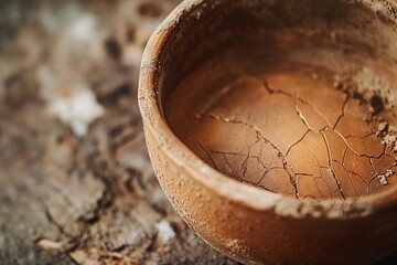 An aged, cracked clay bowl resting on a wooden surface, evoking rustic charm and handmade craftsmanship.